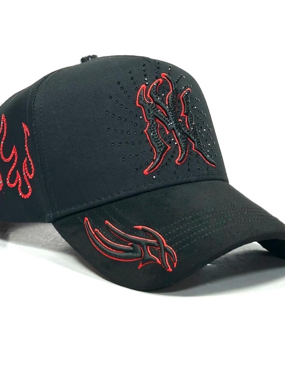 Black Baseball Cap with Red Flame Embroidery